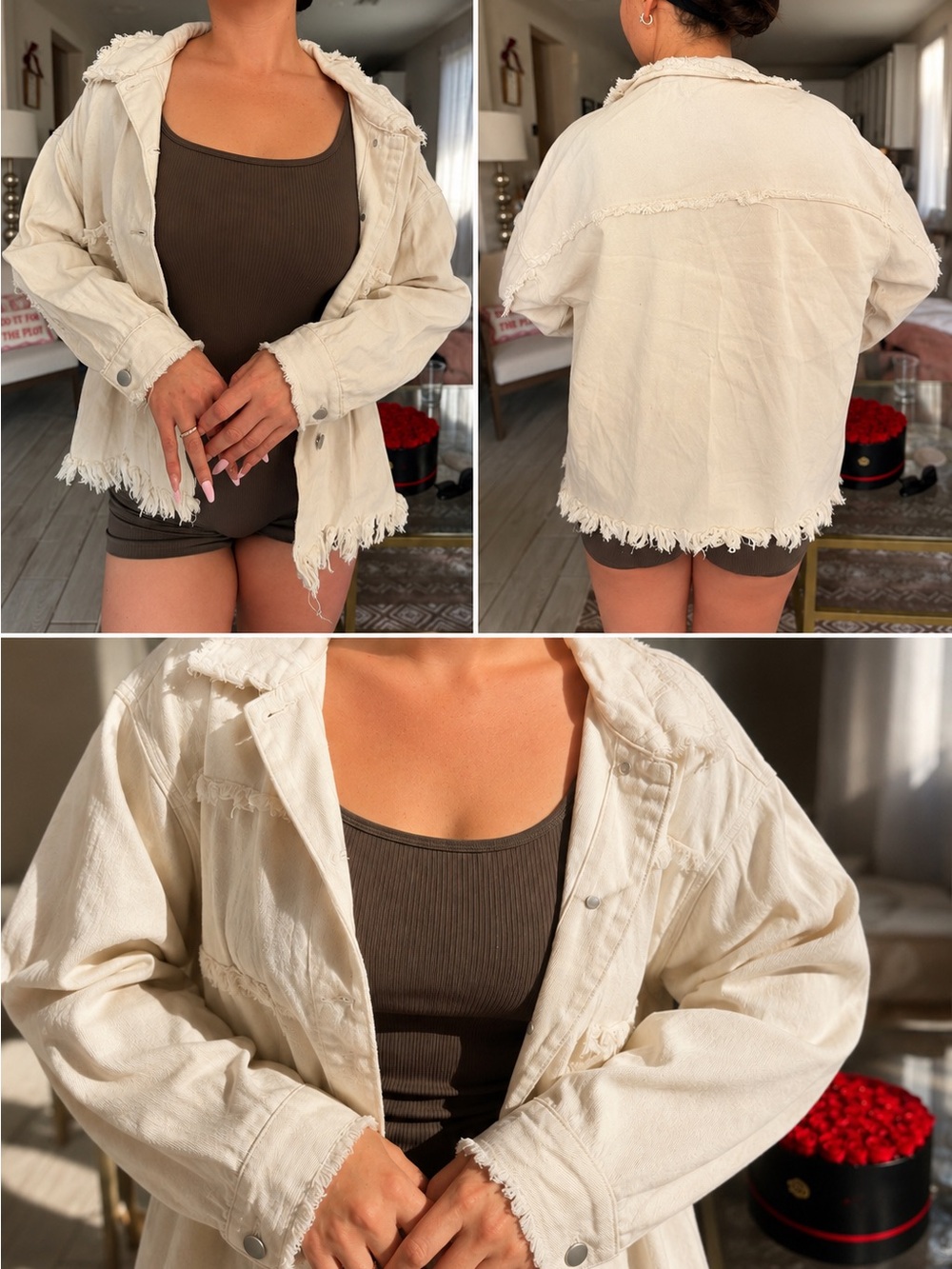 Women's Cream Frayed Hem Denim Jacket